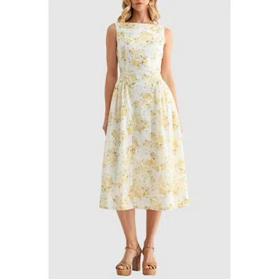 Mila Mae Floral Eyelet Fit & Flare Midi Dress In Yellow