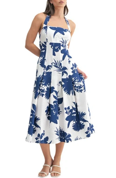 Mila Mae Floral Halter Midi Dress In Ivory Blue