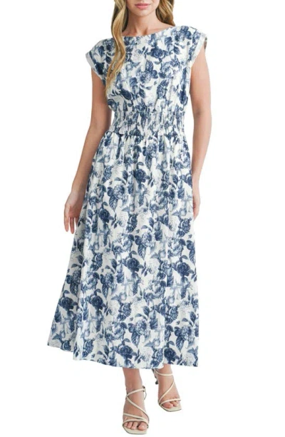 Mila Mae Floral Linen Blend Midi Dress In Ivory Blue