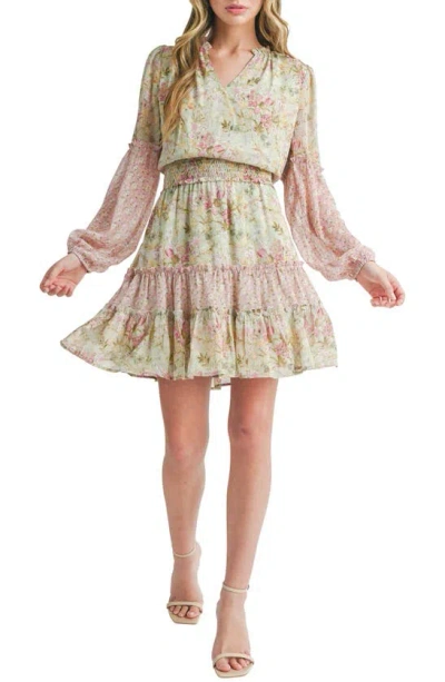 Mila Mae Floral Long Sleeve Minidress In Pink