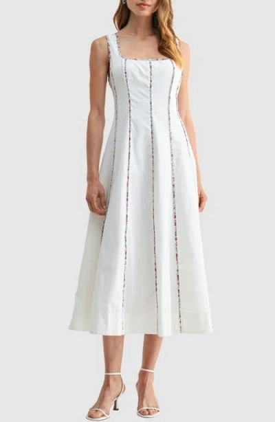 Mila Mae Floral Piping Sleeveless Fit & Flare Midi Dress In White