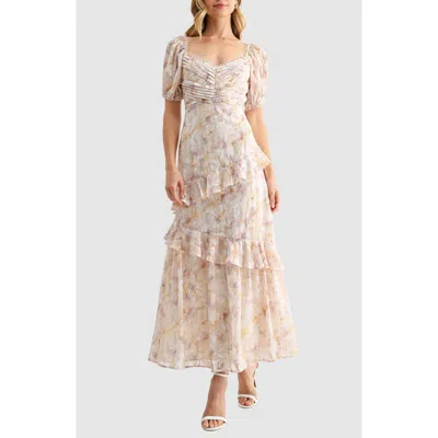 Mila Mae Floral Pleat Detail Ruffled Maxi Dress In White