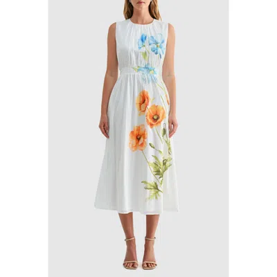 Mila Mae Floral Print Cinched Waist Sleeveless Midi Dress In White