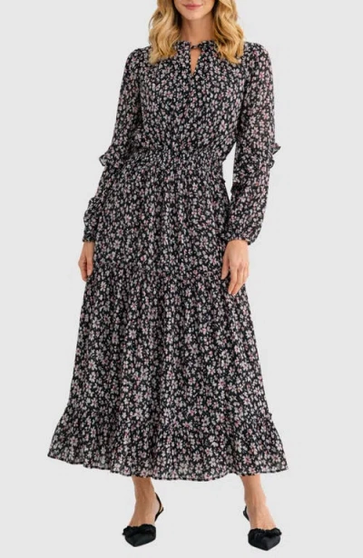 Mila Mae Floral Print Tie Neck Long Sleeve Maxi Dress In Black