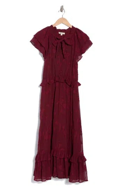 Mila Mae Floral Ruffle Cap Sleeve Maxi Dress In Burgundy