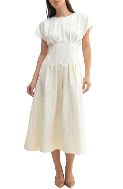 Mila Mae Floral Satin Jacquared Midi Dress In Ivory