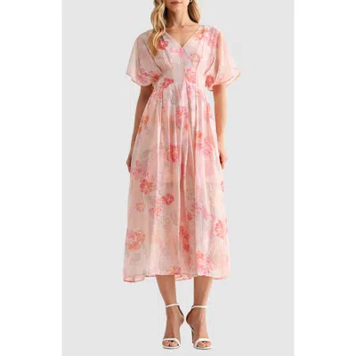 Mila Mae Floral Short Sleeve Fit & Flare Midi Dress In Pink