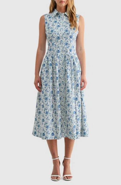 Mila Mae Floral Sleeveless Cotton Midi Shirtdress In Blue