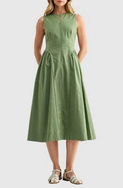 Mila Mae Front Zip Sleeveless Fit & Flare Midi Dress In Green