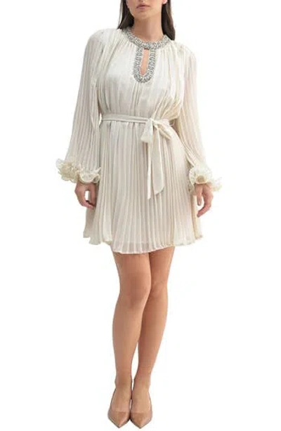 Mila Mae Jewel Keyhole Long Sleeve Pleated Dress In Ivory