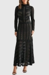 Mila Mae Lace Chevron Stripe Long Sleeve Maxi Dress In Black