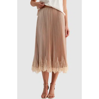 Mila Mae Lace Hem Pleated Midi Skirt In Neutral