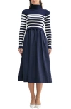 Mila Mae Long Sleeve Funnel Neck A-line Dress In Navy-ivory