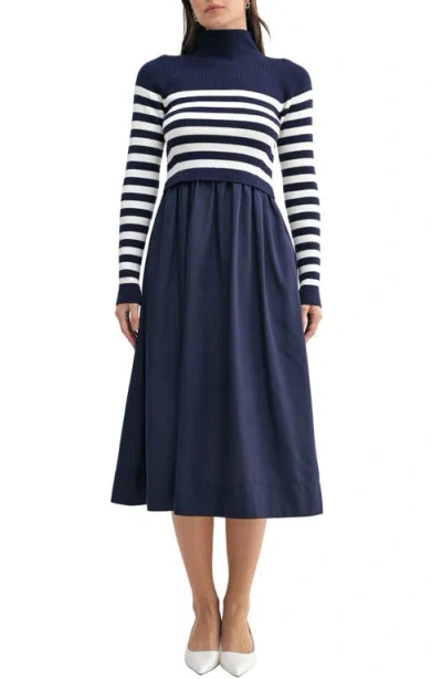 Mila Mae Long Sleeve Funnel Neck A-line Dress In Navy-ivory