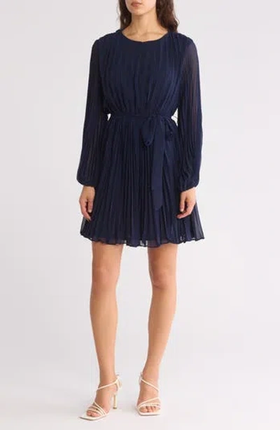 Mila Mae Long Sleeve Pleated Minidress In Navy