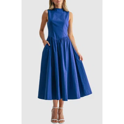 Mila Mae Mock Neck Drop Waist Fit & Flare Midi Dress In Blue