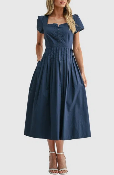 Mila Mae Pintuck Detail Cotton Midi Dress In Blue