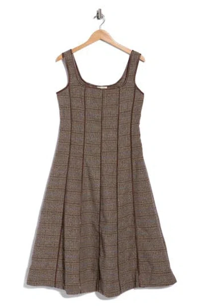 Mila Mae Plaid Faux Leather Trim A-line Midi Dress In Brown