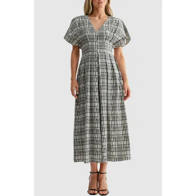 Mila Mae Plaid Pleated Dolman Sleeve Cotton Blend Dress In Gray