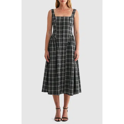 Mila Mae Plaid Square Neck Fit And Flare Midi Dress In Blue