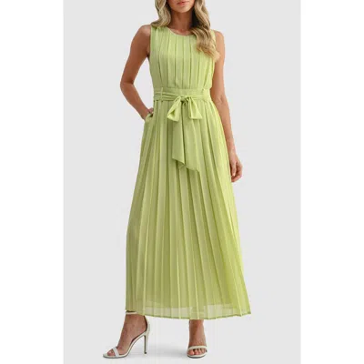 Mila Mae Pleated Belted Maxi Dress In Green