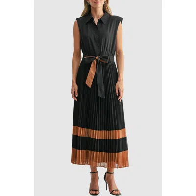 Mila Mae Pleated Cap Sleeve Button-up Shirtdress In Black
