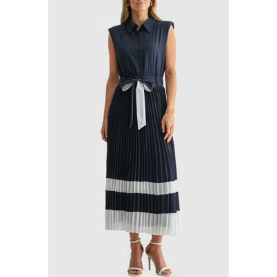 Mila Mae Pleated Cap Sleeve Button-up Shirtdress In Blue
