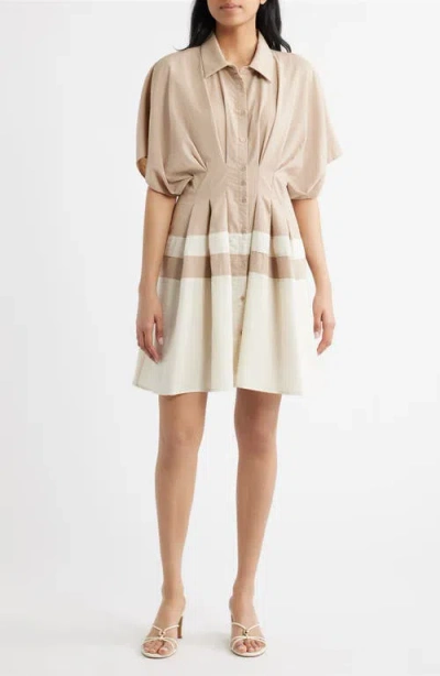 Mila Mae Pleated Shirtdress In Neutral