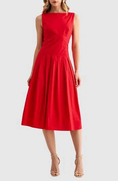 Mila Mae Pleated Sleeveless Cotton Midi Dress In Red