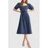 Mila Mae Puff Sleeve Cinched Waist Fit & Flare Midi Dress In Blue