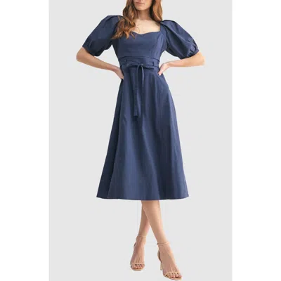 Mila Mae Puff Sleeve Cinched Waist Fit & Flare Midi Dress In Blue