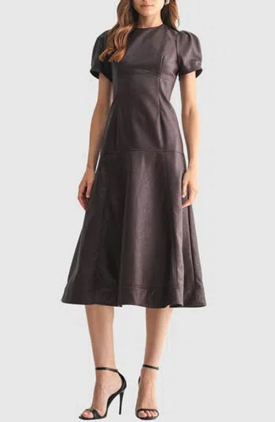Mila Mae Puff Sleeve Faux Leather A-line Midi Dress In Blue