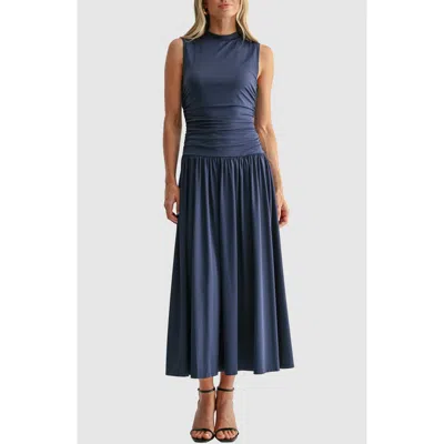 Mila Mae Ruched Mock Neck Drop Waist Fit & Flare Midi Dress In Blue