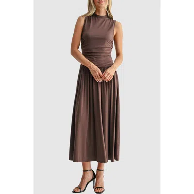 Mila Mae Ruched Mock Neck Drop Waist Fit & Flare Midi Dress In Brown