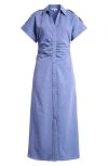 Mila Mae Ruched Spread Collar Midi Shirtdress In Blue