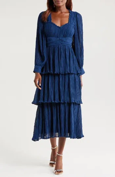 Mila Mae Ruffle Long Sleeve Midi Dress In Blue