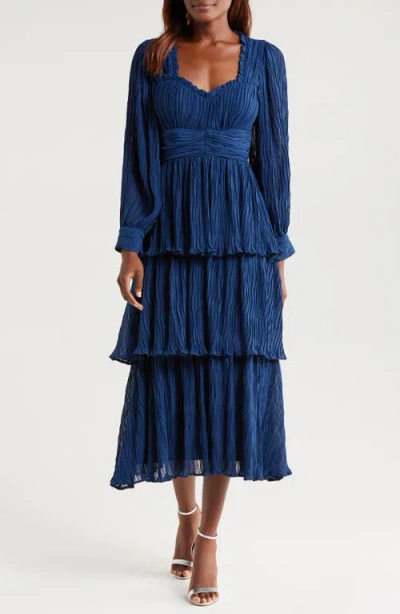 Mila Mae Ruffle Long Sleeve Midi Dress In Navy