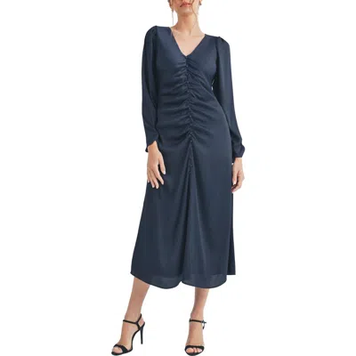 Mila Mae Scrunch Satin Long Sleeve Dress In Navy