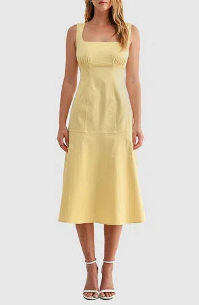 Mila Mae Seamed Fit & Flare Stretch Cotton Midi Dress In Yellow