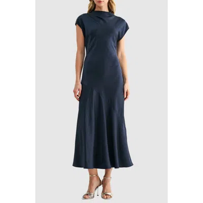 Mila Mae Short Sleeve Asymmetric Hem Satin Maxi Dress In Blue
