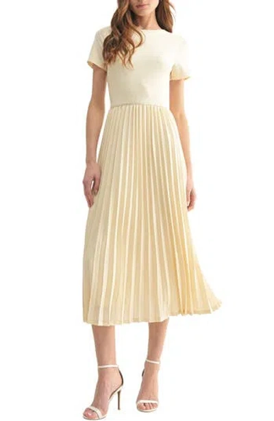 Mila Mae Short Sleeve Pleated Midi Dress In Beige