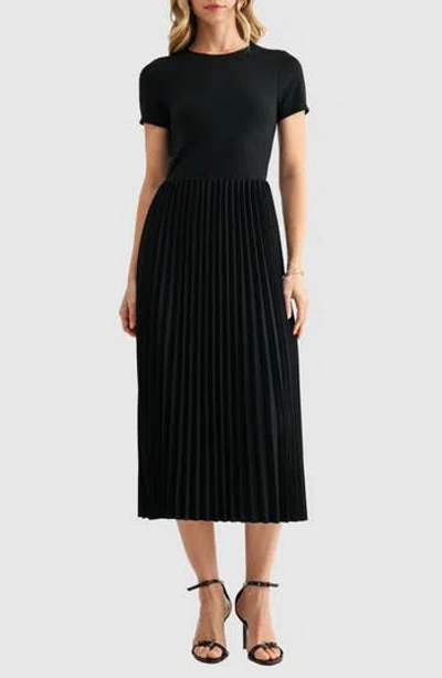 Mila Mae Short Sleeve Pleated Midi Dress In Black
