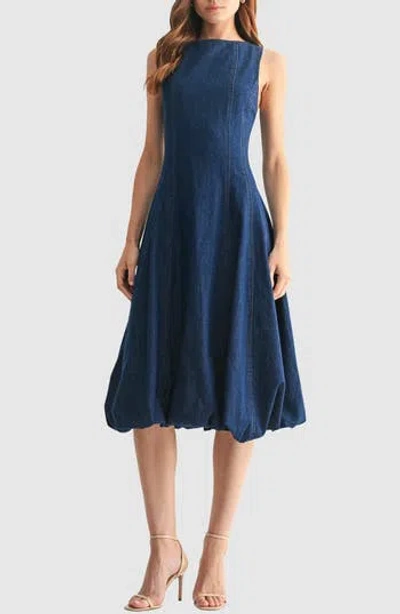 Mila Mae Sleeveless Bubble Hem Denim Midi Dress In Blue