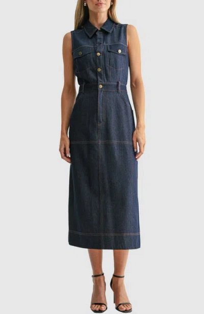 Mila Mae Sleeveless Cotton Blend Denim Utility Dress In Blue