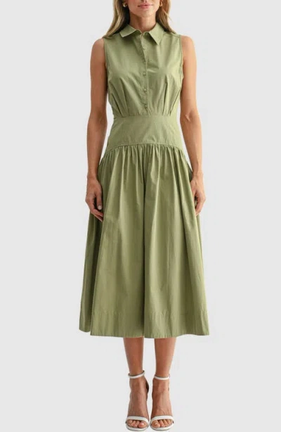 Mila Mae Sleeveless Drop Waist Midi Shirtdress In Green