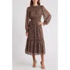 Mila Mae Smocked Tiered Long Sleeve Midi Dress In Wine Multi