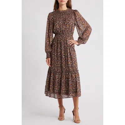 Mila Mae Smocked Tiered Long Sleeve Midi Dress In Wine Multi