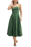 Mila Mae Strapless Stretch Cotton A-line Midi Dress In Dark Green