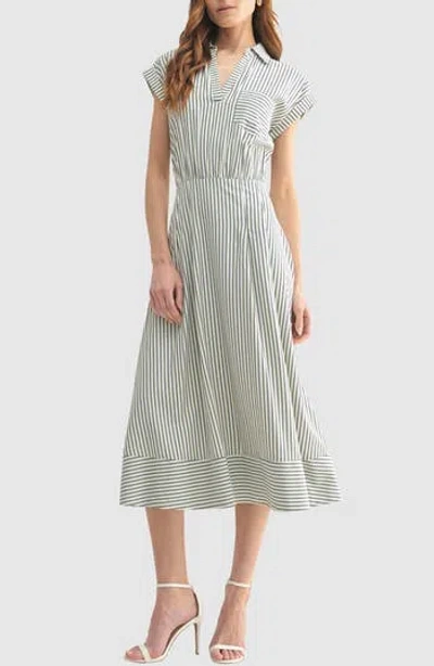 Mila Mae Stripe Collared Short Sleeve A-line Midi Dress In Cream/ Navy