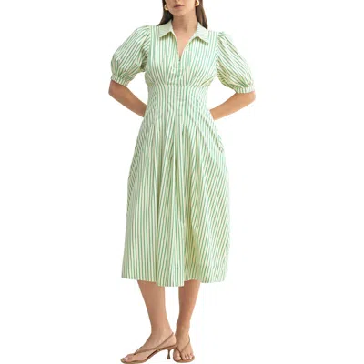 Mila Mae Stripe Elbow Sleeve Midi Dress In Green Cream